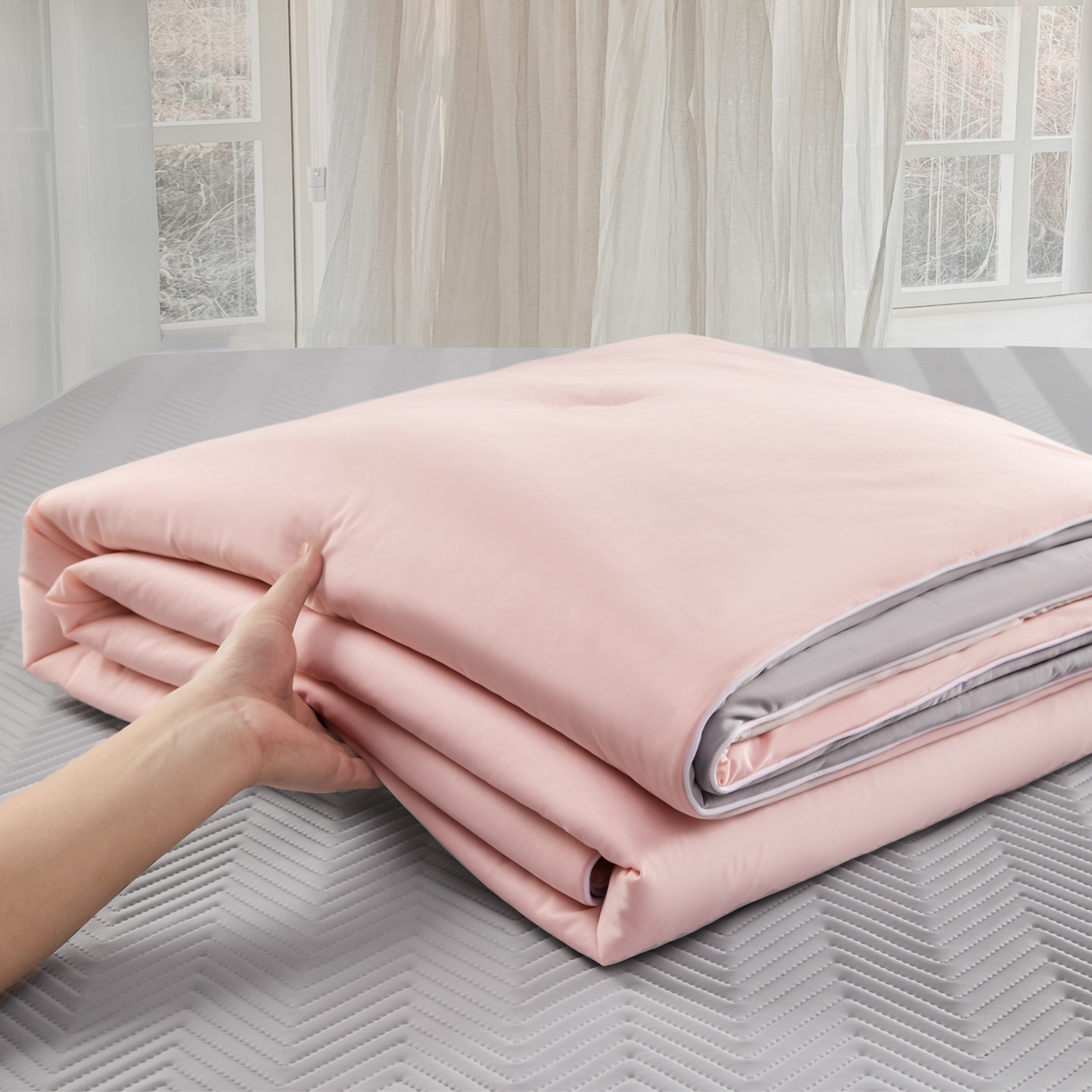 91家纺网 家纺一手货源 找家纺 吾诺家居 2026新款冰爽系列-凉感丝夏被四件套 樱粉