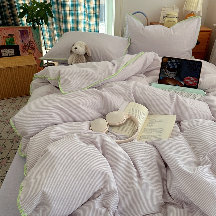 91家纺网 家纺一手货源 找家纺 桃子家居 2026新款A类纯棉色织水洗棉韩系奶油撞色格子三角针贝壳边工艺四件套系列 棉三角针-紫雾芋泥