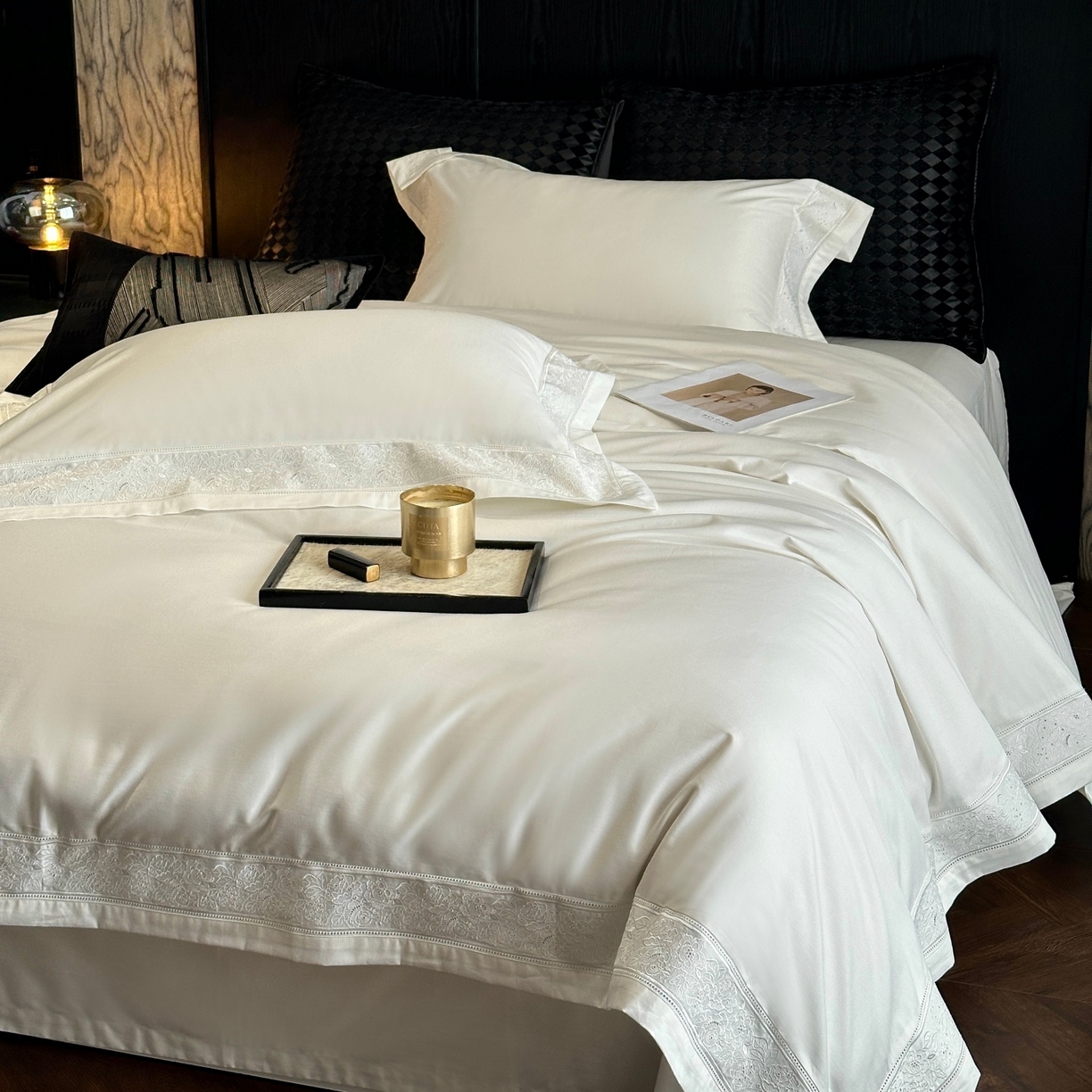 91家纺网 家纺一手货源 找家纺 （总）南泉坊 2026新款长绒棉纯棉镂空花边拼角四件套-奥斯丁