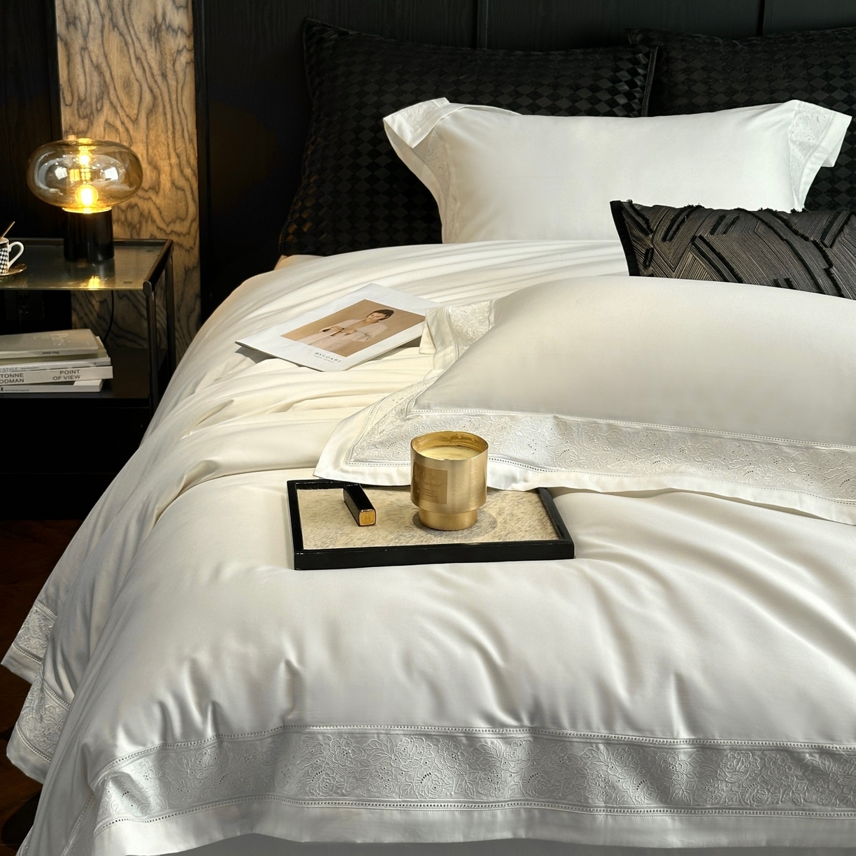 91家纺网 家纺一手货源 找家纺 （总）南泉坊 2026新款长绒棉纯棉镂空花边拼角四件套-奥斯丁