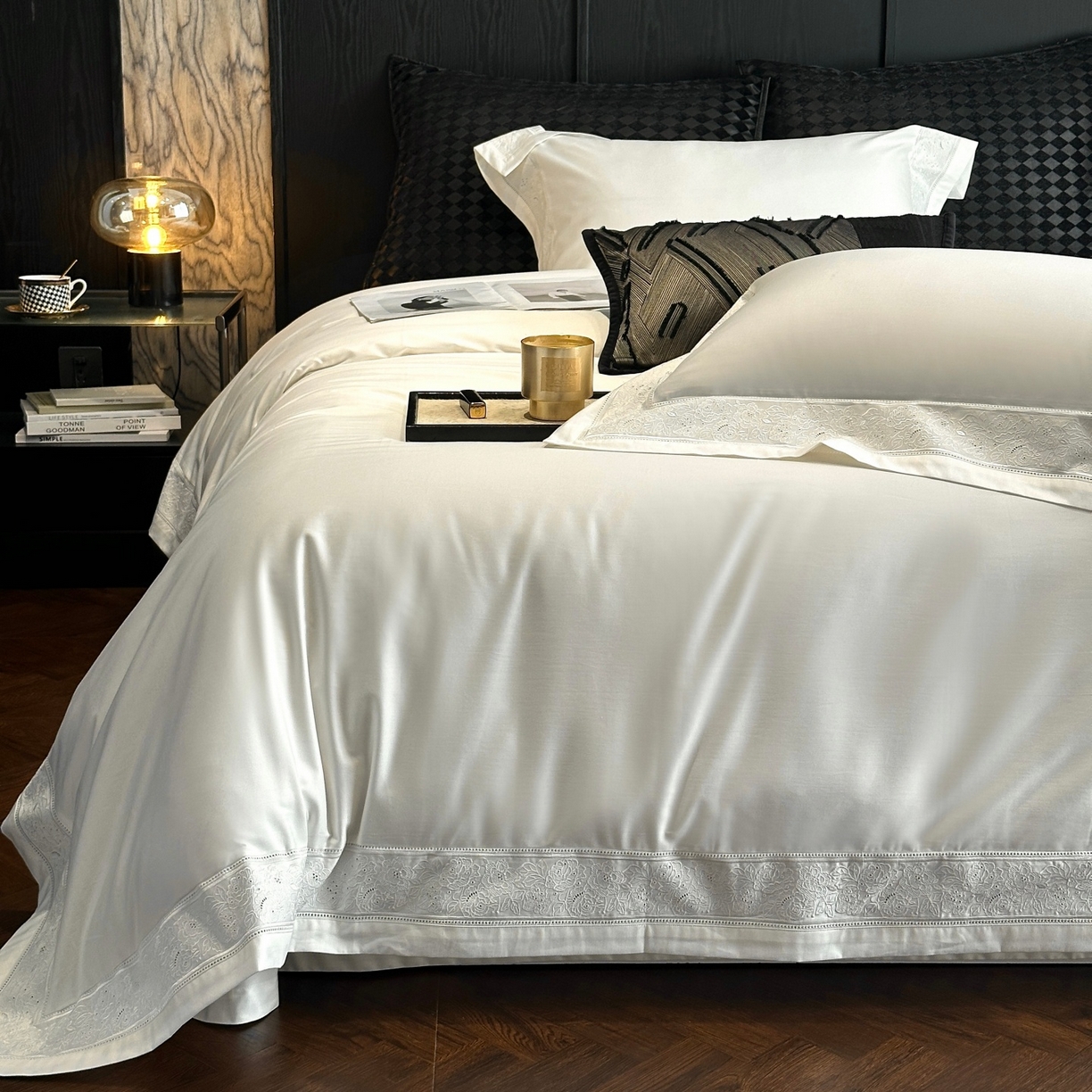 91家纺网 家纺一手货源 找家纺 （总）南泉坊 2026新款长绒棉纯棉镂空花边拼角四件套-奥斯丁