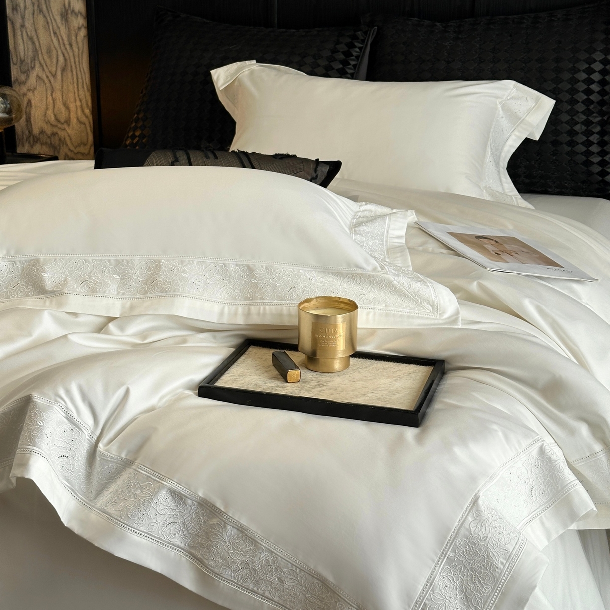 91家纺网 家纺一手货源 找家纺 （总）南泉坊 2026新款长绒棉纯棉镂空花边拼角四件套-奥斯丁