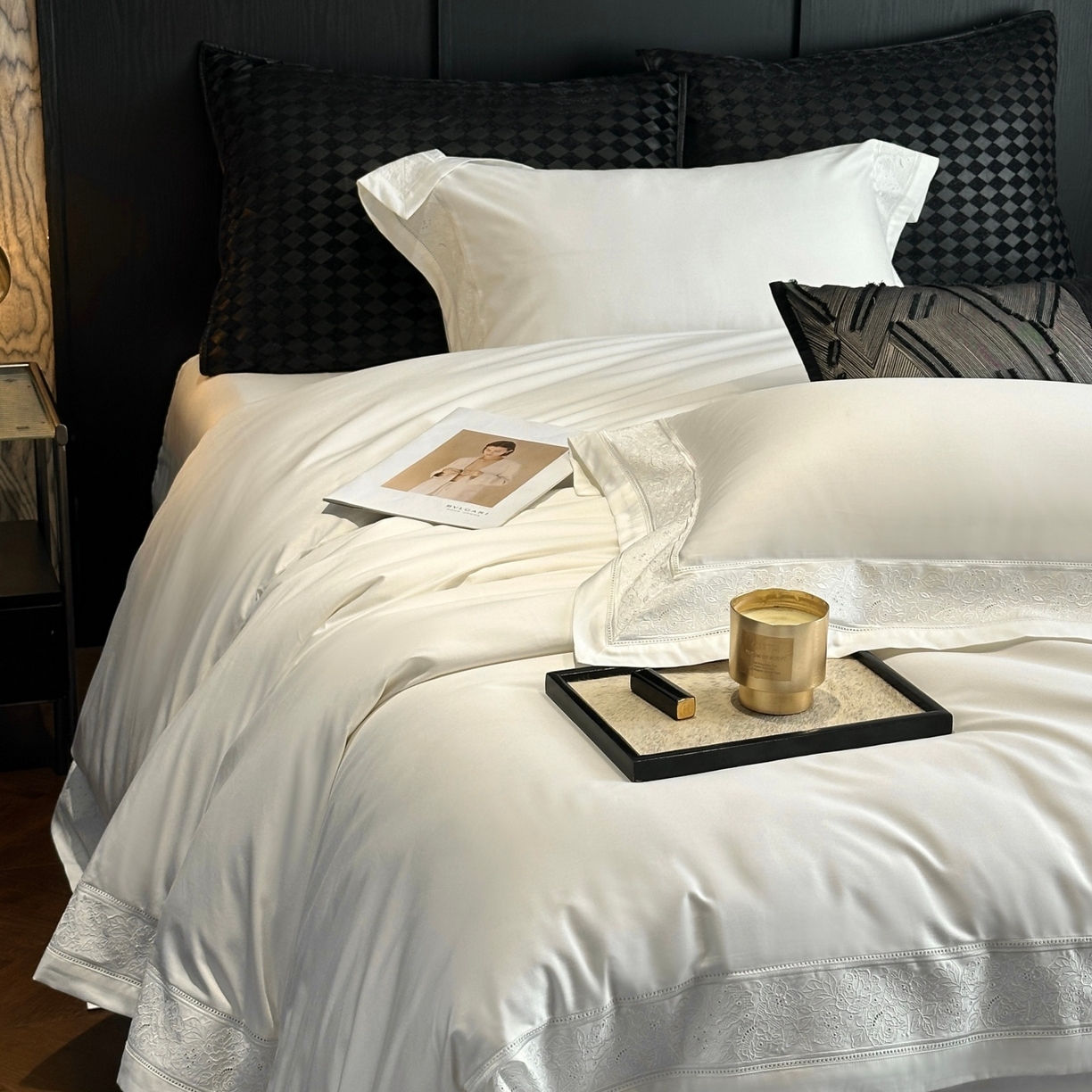 91家纺网 家纺一手货源 找家纺 南泉坊 2026新款长绒棉纯棉镂空花边拼角四件套-奥斯丁 奥斯丁—本白