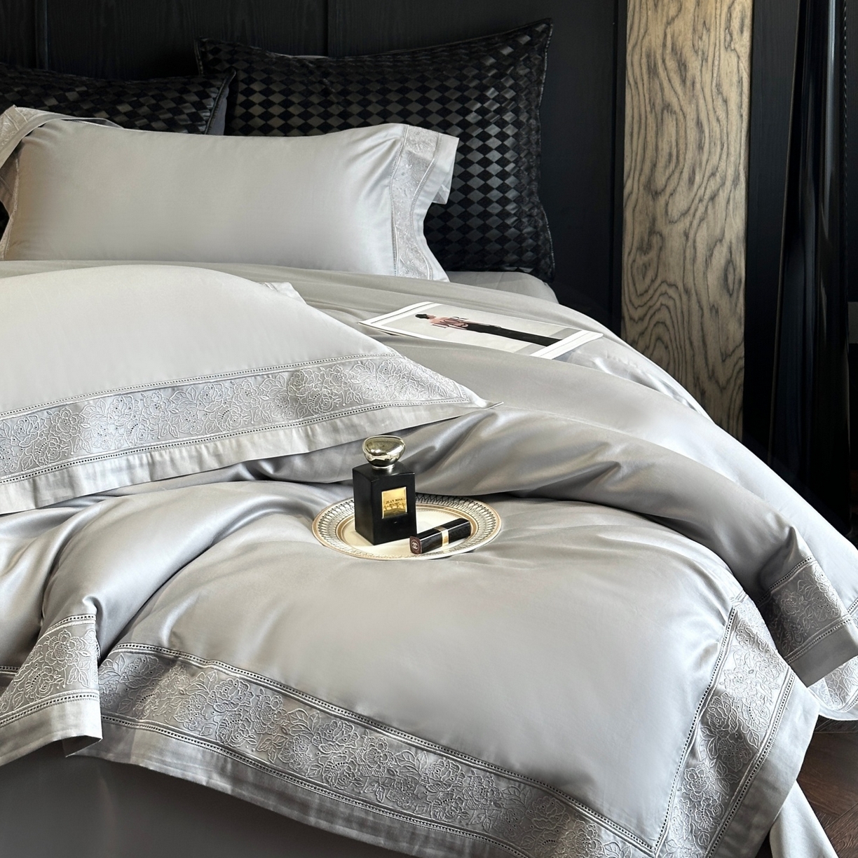 91家纺网 家纺一手货源 找家纺 （总）南泉坊 2026新款长绒棉纯棉镂空花边拼角四件套-奥斯丁