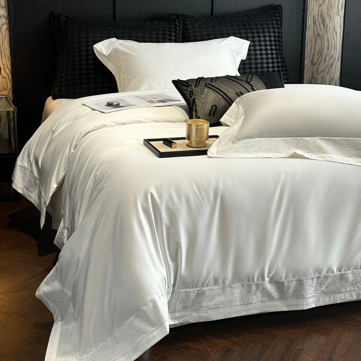 91家纺网 家纺一手货源 找家纺 南泉坊 2026新款长绒棉纯棉镂空花边拼角四件套-奥斯丁 奥斯丁—本白