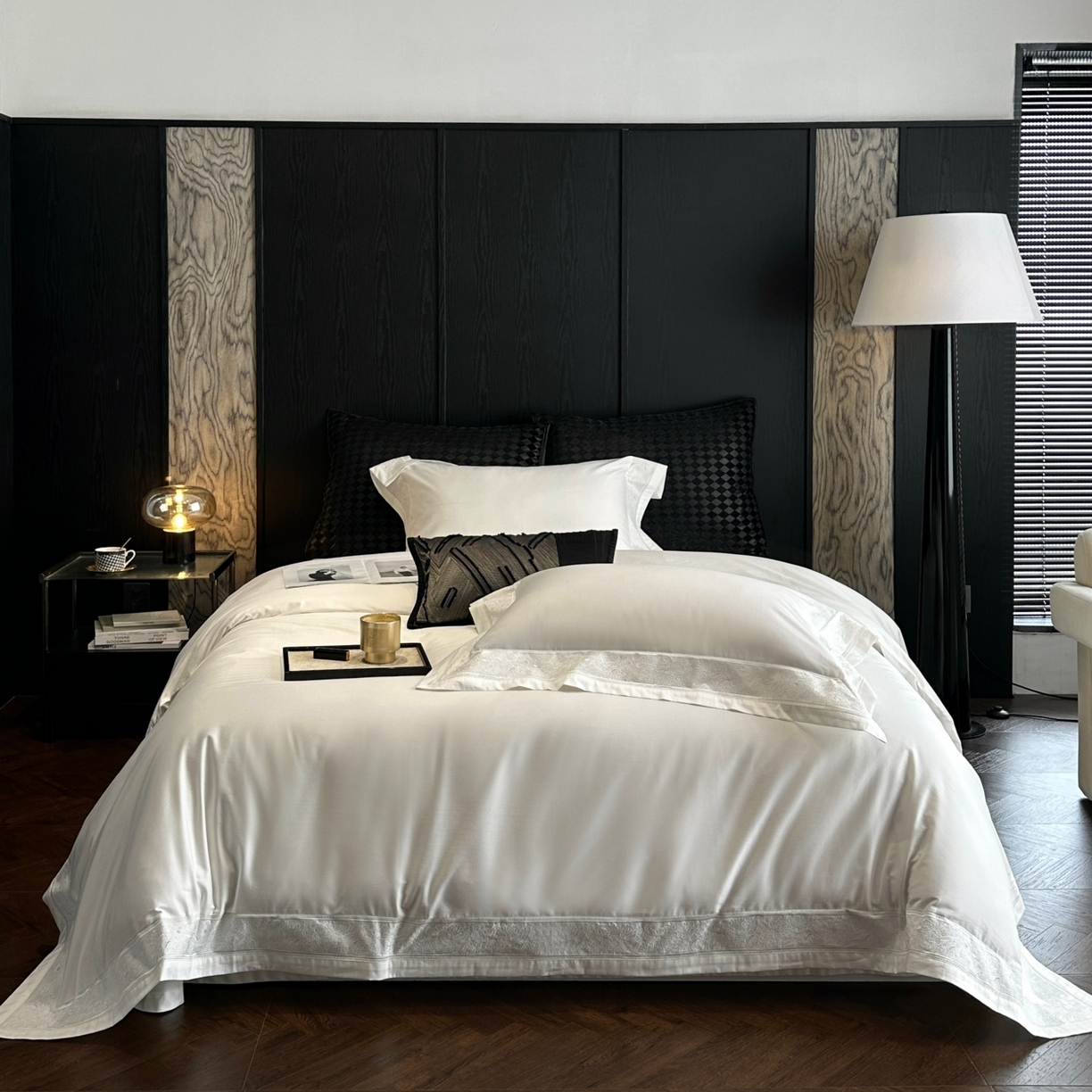 91家纺网 家纺一手货源 找家纺 南泉坊 2026新款长绒棉纯棉镂空花边拼角四件套-奥斯丁 奥斯丁—本白