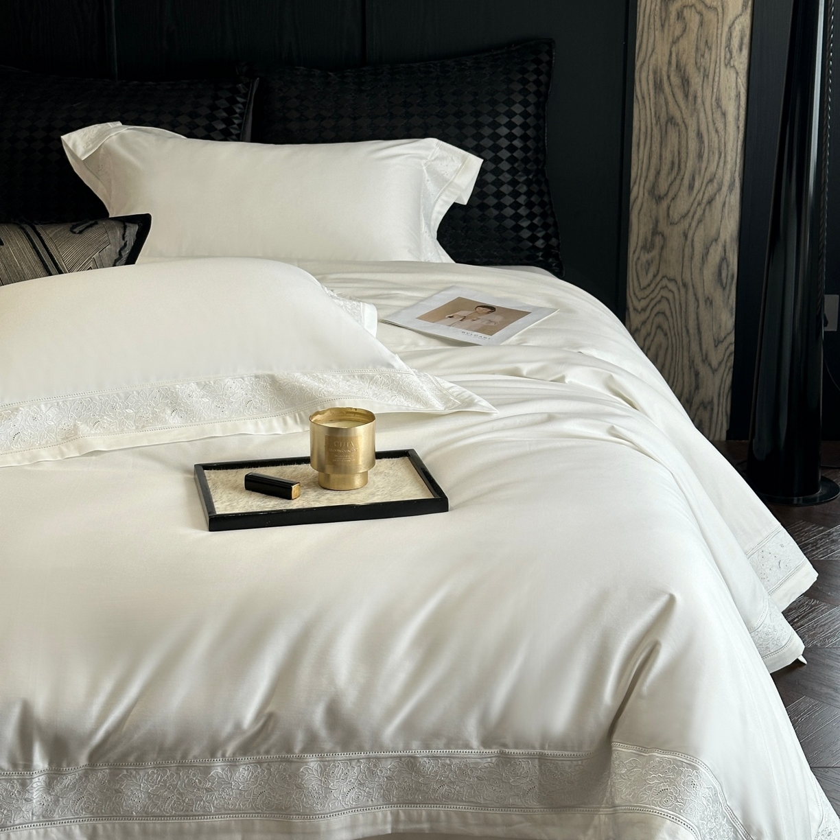 91家纺网 家纺一手货源 找家纺 南泉坊 2026新款长绒棉纯棉镂空花边拼角四件套-奥斯丁 奥斯丁—本白