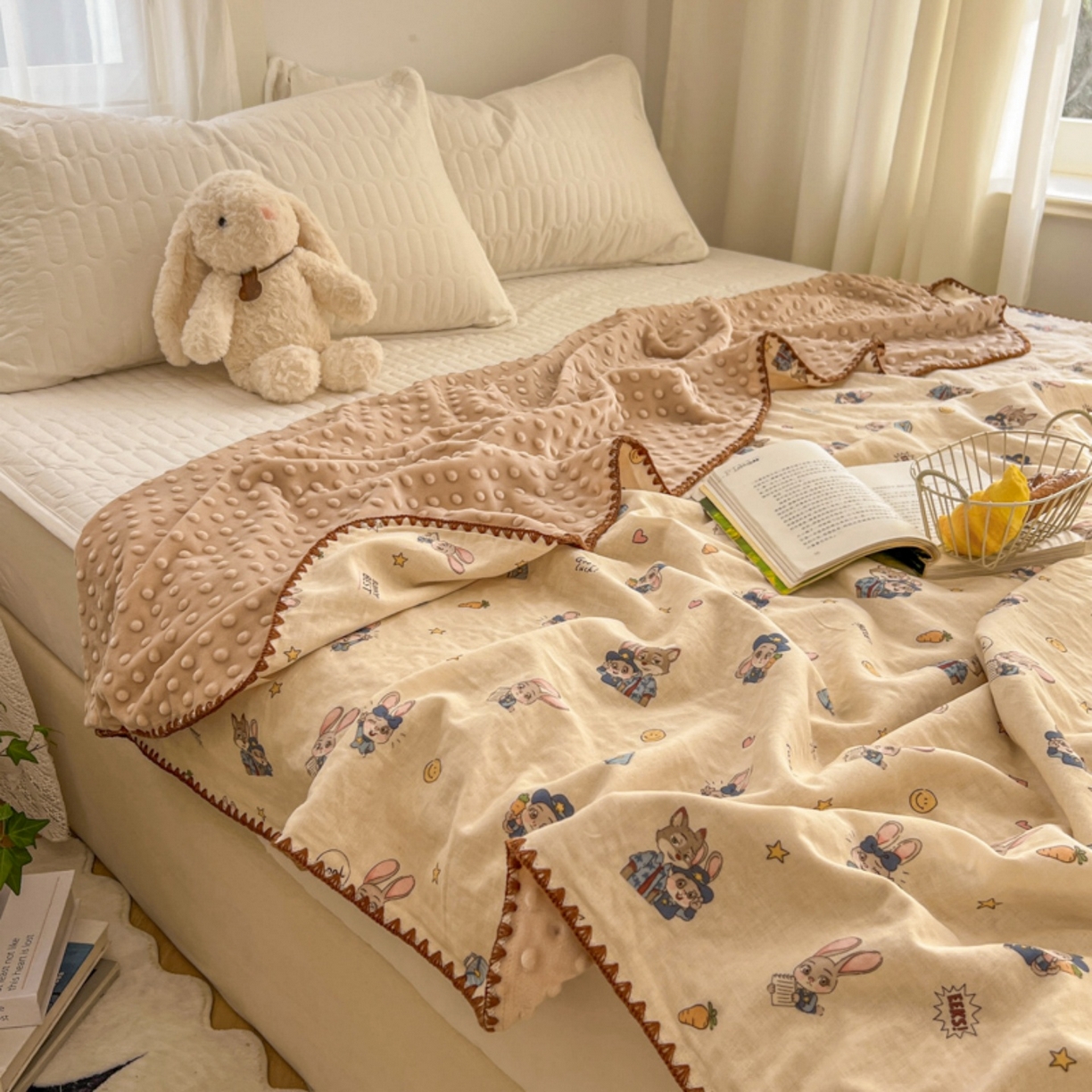 91家纺网 家纺一手货源 找家纺 十里居 2026春夏新款A类母婴级全棉纯棉双层纱多功能豆豆盖毯毛毯毯子 快乐动物城