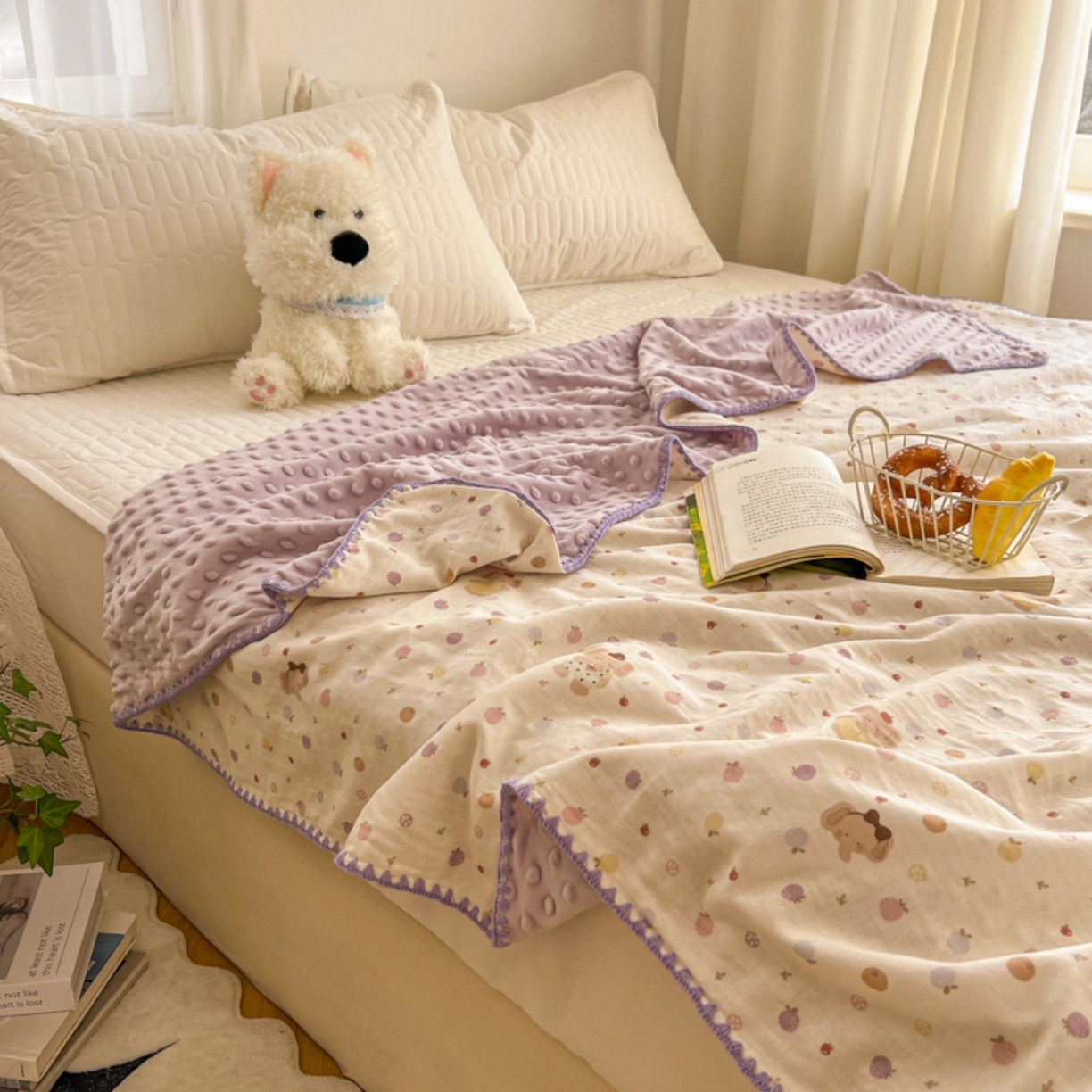 91家纺网 家纺一手货源 找家纺 十里居 2026春夏新款A类母婴级全棉纯棉双层纱多功能豆豆盖毯毛毯毯子 水果小象