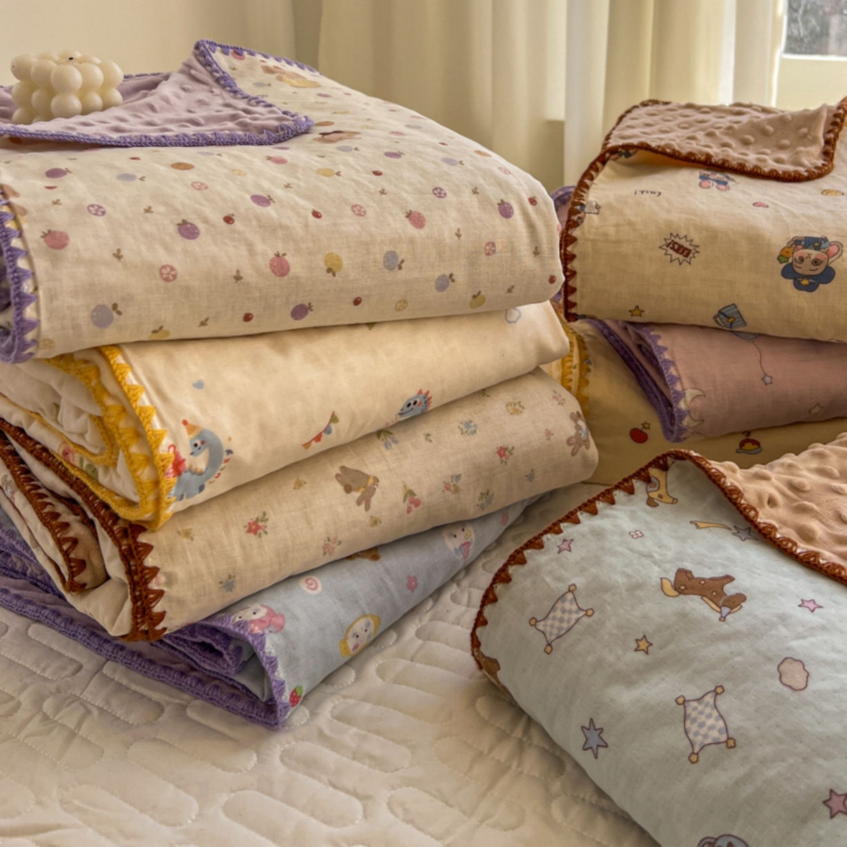 91家纺网 家纺一手货源 找家纺 十里居 2026春夏新款A类母婴级全棉纯棉双层纱多功能豆豆盖毯毛毯毯子 组合图仅供展示不可下单