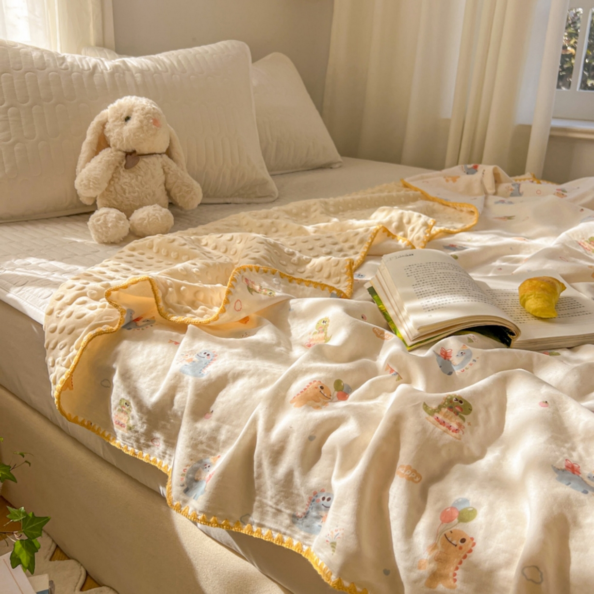 十里居 2026春夏新款A类母婴级全棉纯棉双层纱多功能豆豆盖毯毛毯毯子 彩虹龙