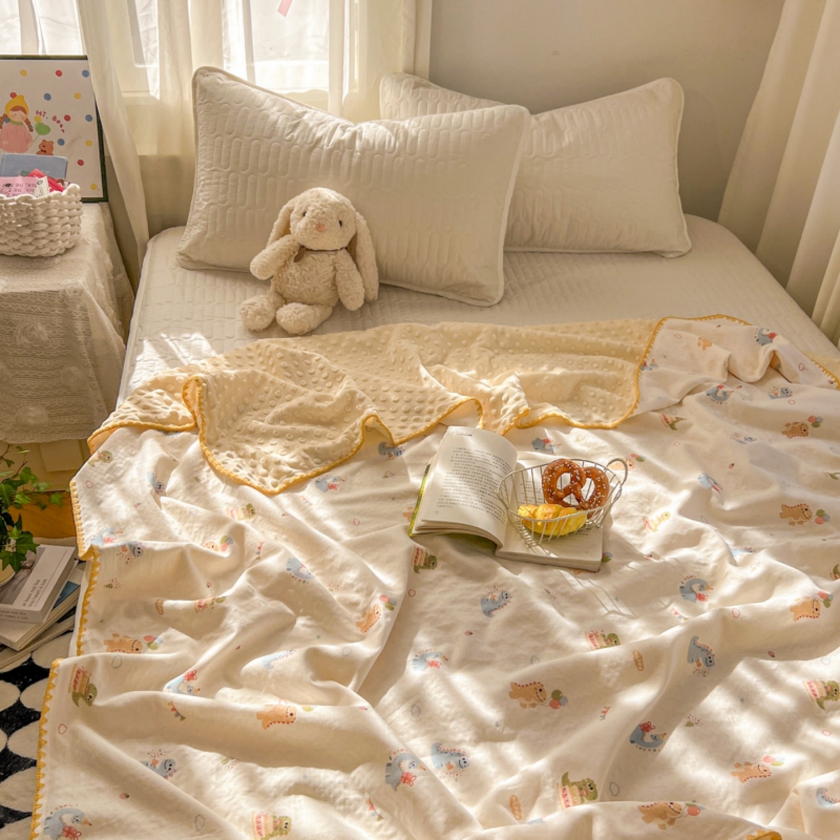 91家纺网 家纺一手货源 找家纺 十里居 2026春夏新款A类母婴级全棉纯棉双层纱多功能豆豆盖毯毛毯毯子 彩虹龙