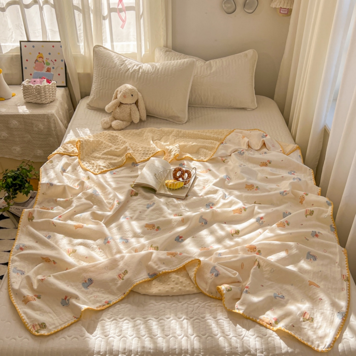 91家纺网 家纺一手货源 找家纺 十里居 2026春夏新款A类母婴级全棉纯棉双层纱多功能豆豆盖毯毛毯毯子 彩虹龙