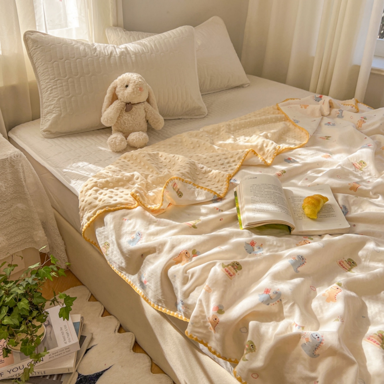 91家纺网 家纺一手货源 找家纺 十里居 2026春夏新款A类母婴级全棉纯棉双层纱多功能豆豆盖毯毛毯毯子 彩虹龙