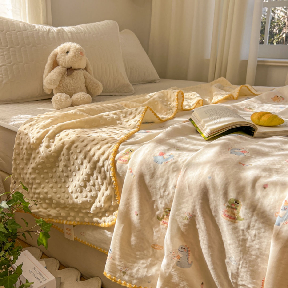 91家纺网 家纺一手货源 找家纺 十里居 2026春夏新款A类母婴级全棉纯棉双层纱多功能豆豆盖毯毛毯毯子 彩虹龙