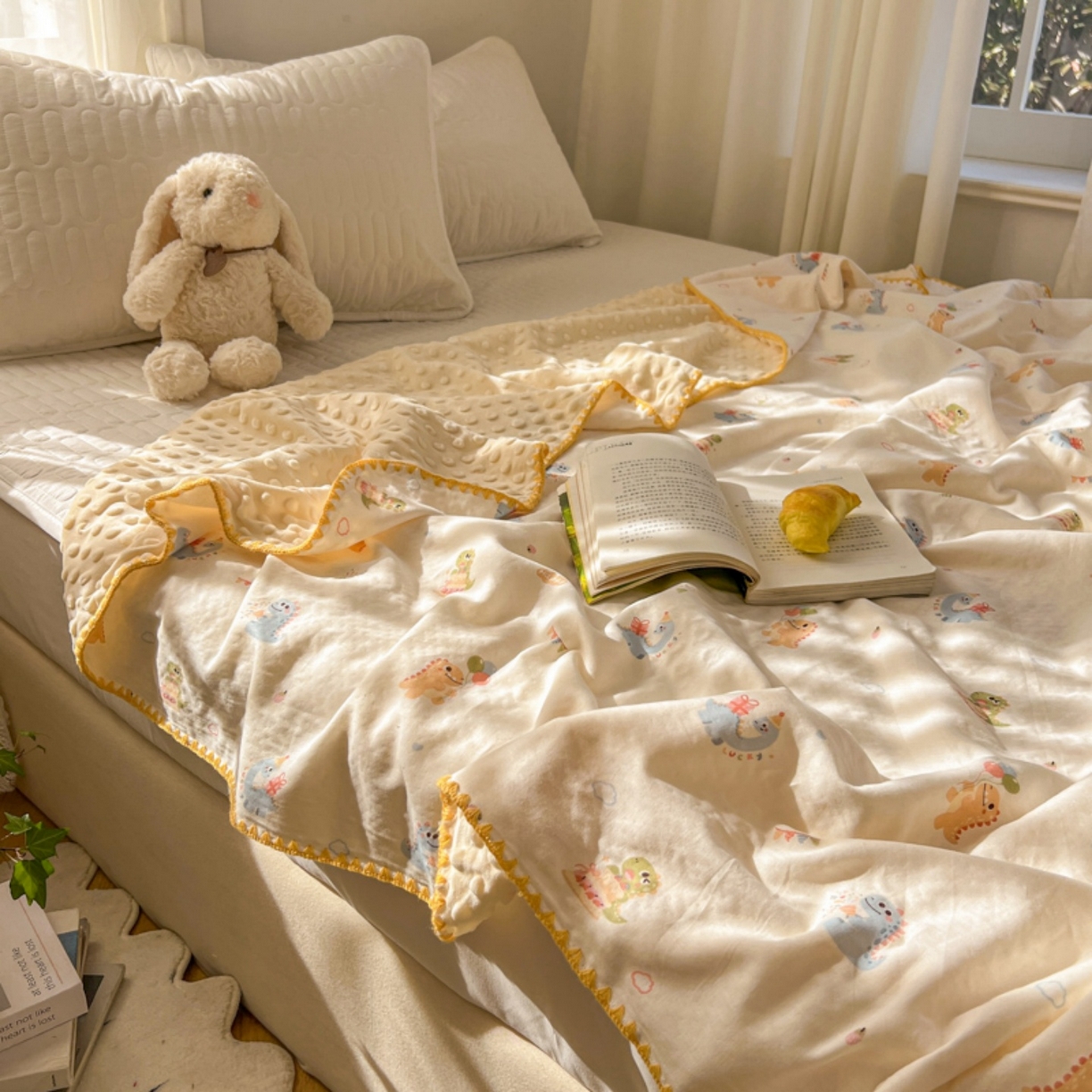 91家纺网 家纺一手货源 找家纺 十里居 2026春夏新款A类母婴级全棉纯棉双层纱多功能豆豆盖毯毛毯毯子 彩虹龙