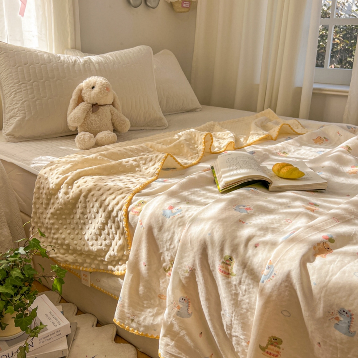 91家纺网 家纺一手货源 找家纺 十里居 2026春夏新款A类母婴级全棉纯棉双层纱多功能豆豆盖毯毛毯毯子 彩虹龙