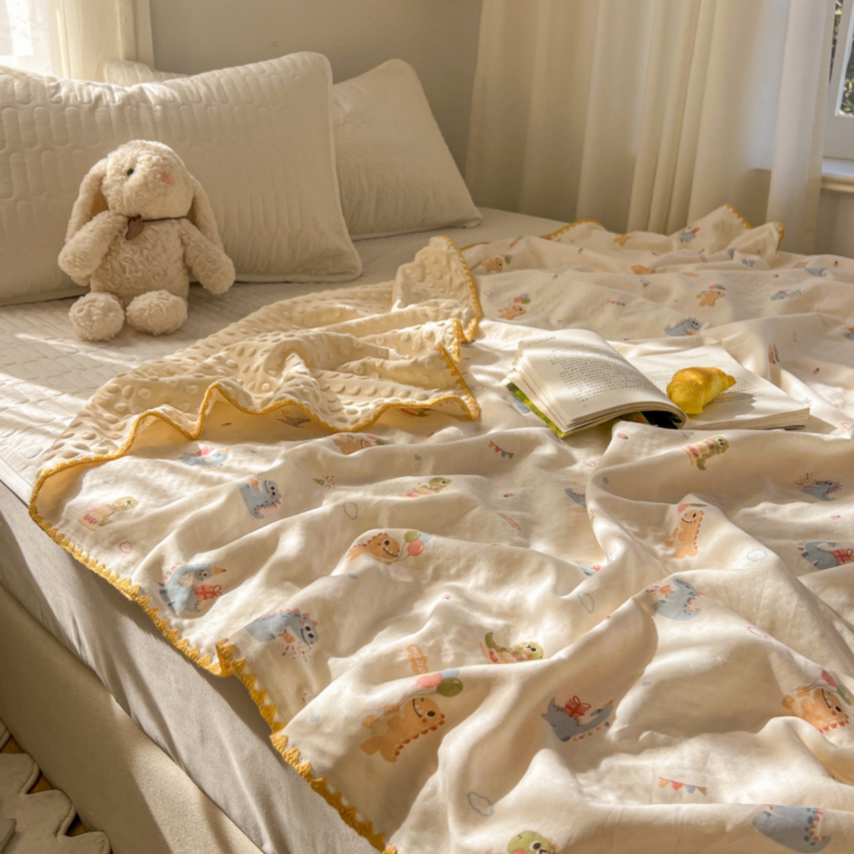 91家纺网 家纺一手货源 找家纺 十里居 2026春夏新款A类母婴级全棉纯棉双层纱多功能豆豆盖毯毛毯毯子 彩虹龙