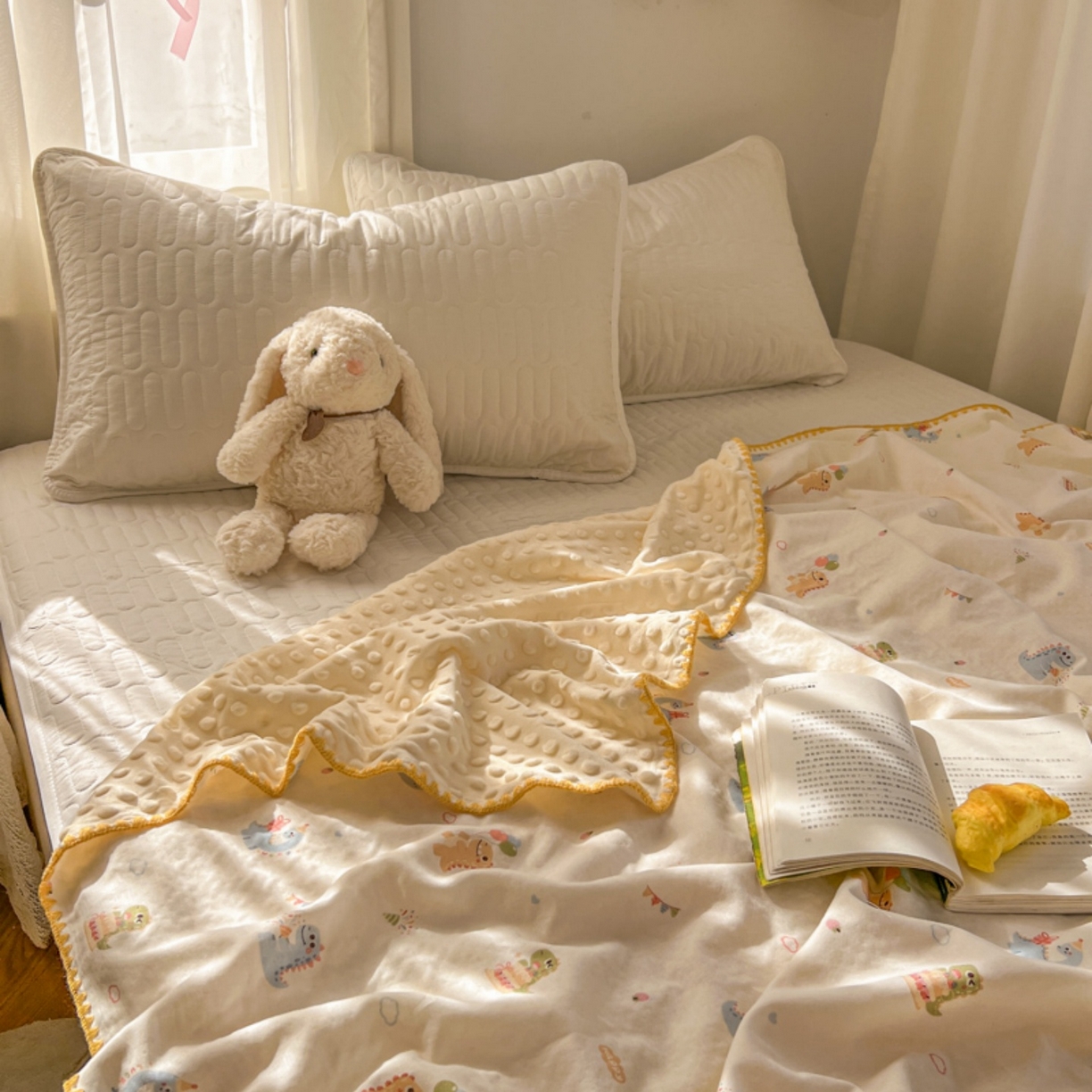 91家纺网 家纺一手货源 找家纺 十里居 2026春夏新款A类母婴级全棉纯棉双层纱多功能豆豆盖毯毛毯毯子 彩虹龙