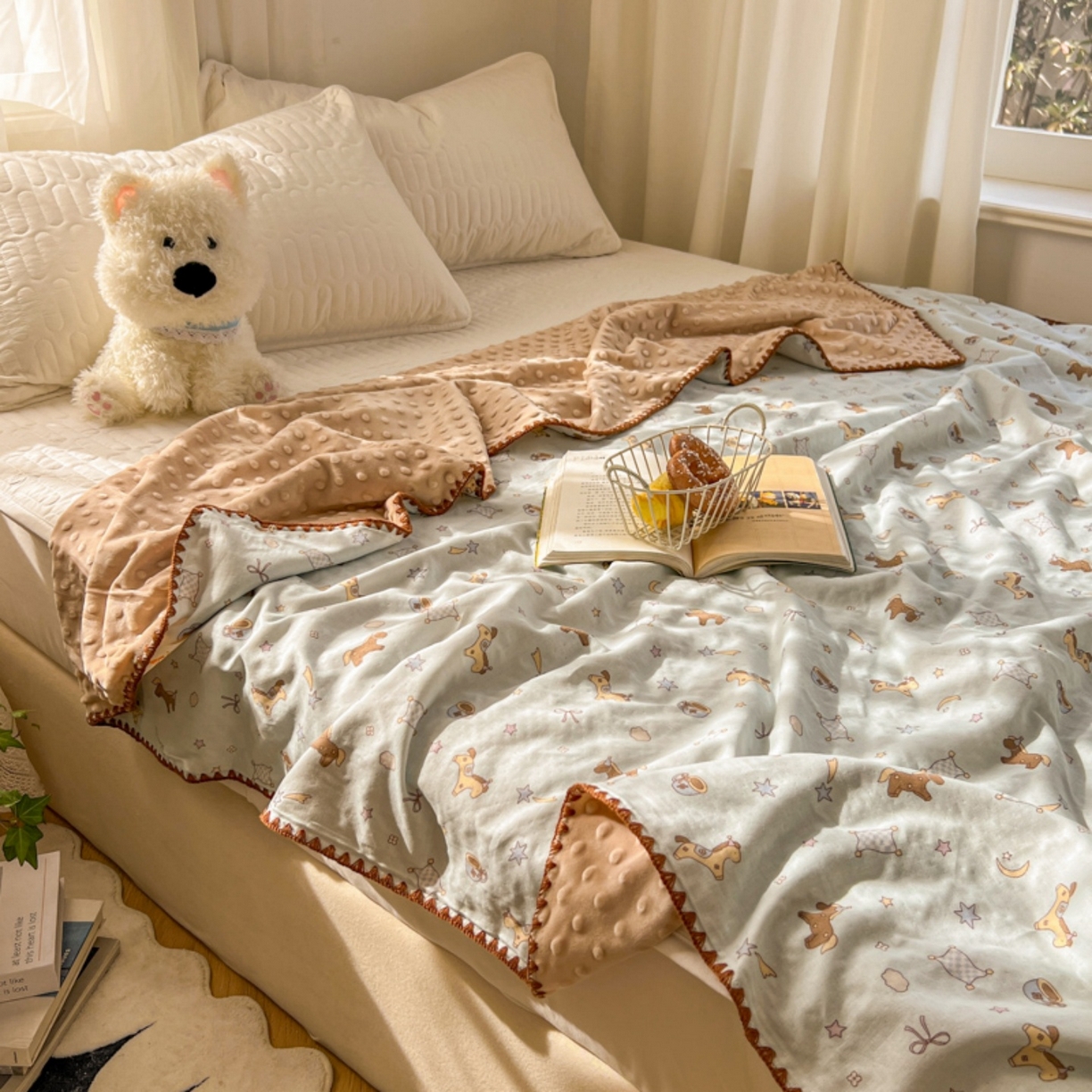 十里居 2026春夏新款A类母婴级全棉纯棉双层纱多功能豆豆盖毯毛毯毯子 咖啡小马