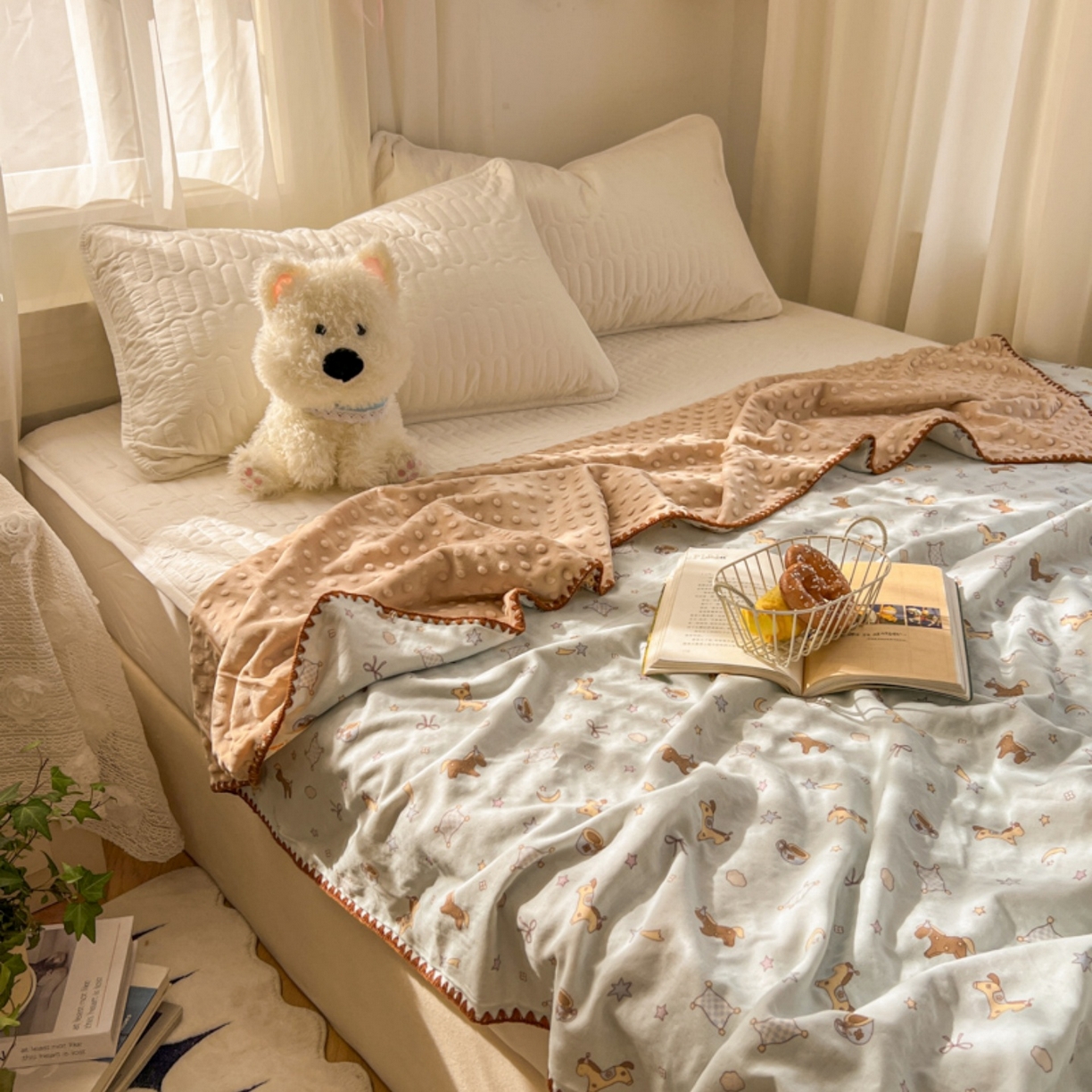 91家纺网 家纺一手货源 找家纺 十里居 2026春夏新款A类母婴级全棉纯棉双层纱多功能豆豆盖毯毛毯毯子 咖啡小马