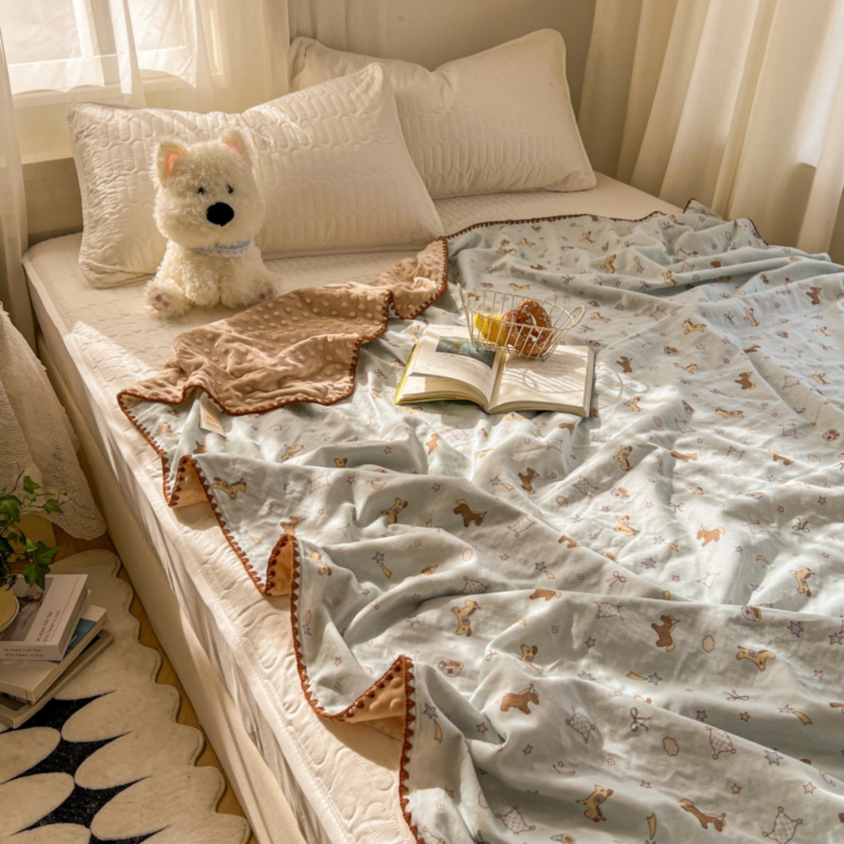 91家纺网 家纺一手货源 找家纺 十里居 2026春夏新款A类母婴级全棉纯棉双层纱多功能豆豆盖毯毛毯毯子 咖啡小马