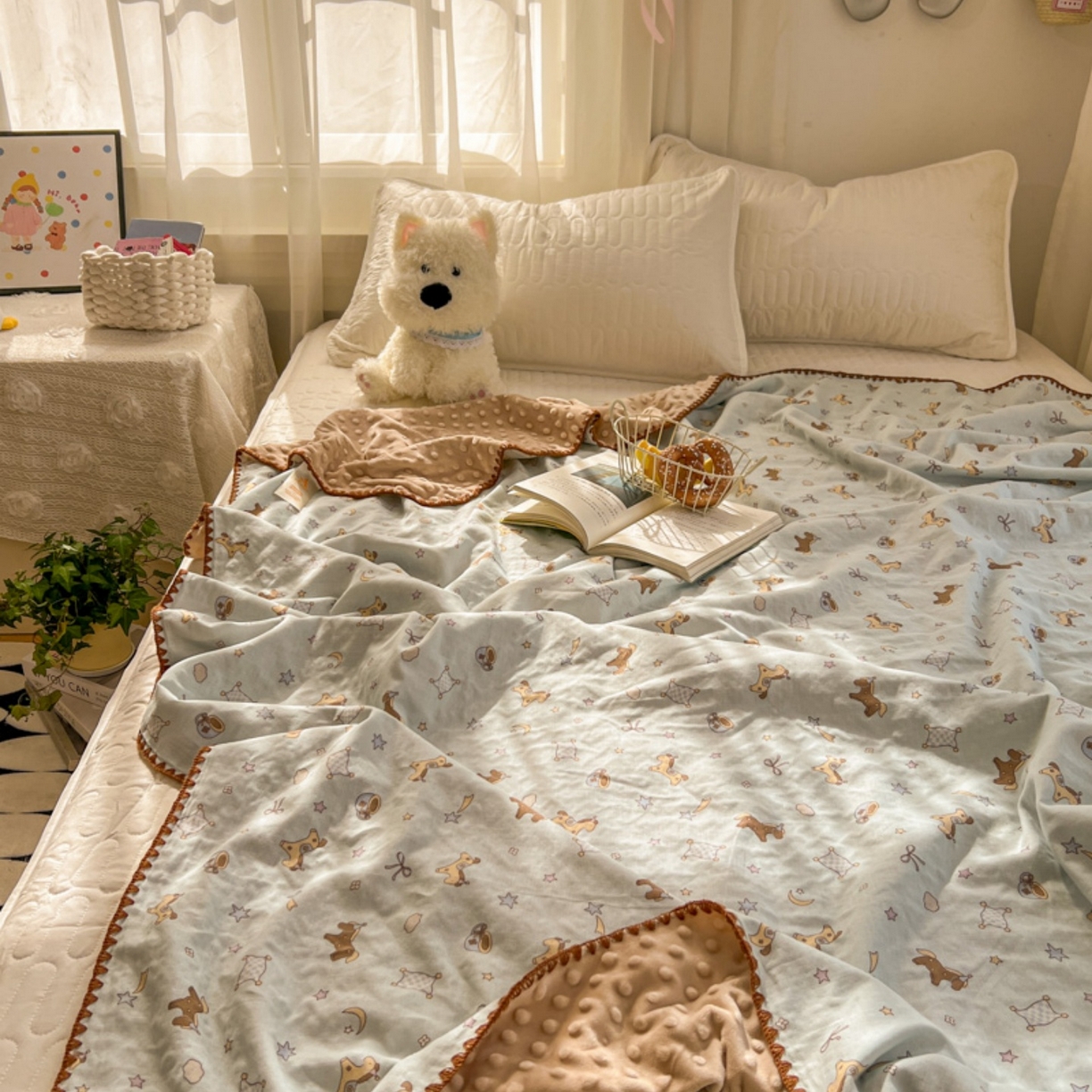 91家纺网 家纺一手货源 找家纺 十里居 2026春夏新款A类母婴级全棉纯棉双层纱多功能豆豆盖毯毛毯毯子 咖啡小马