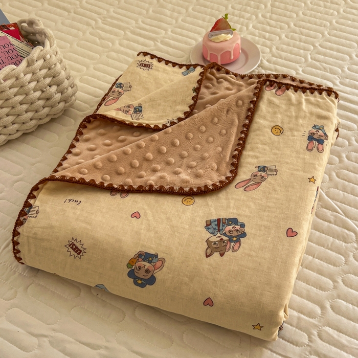 91家纺网 家纺一手货源 找家纺 十里居 2026春夏新款A类母婴级全棉纯棉双层纱多功能豆豆盖毯毛毯毯子 快乐动物城