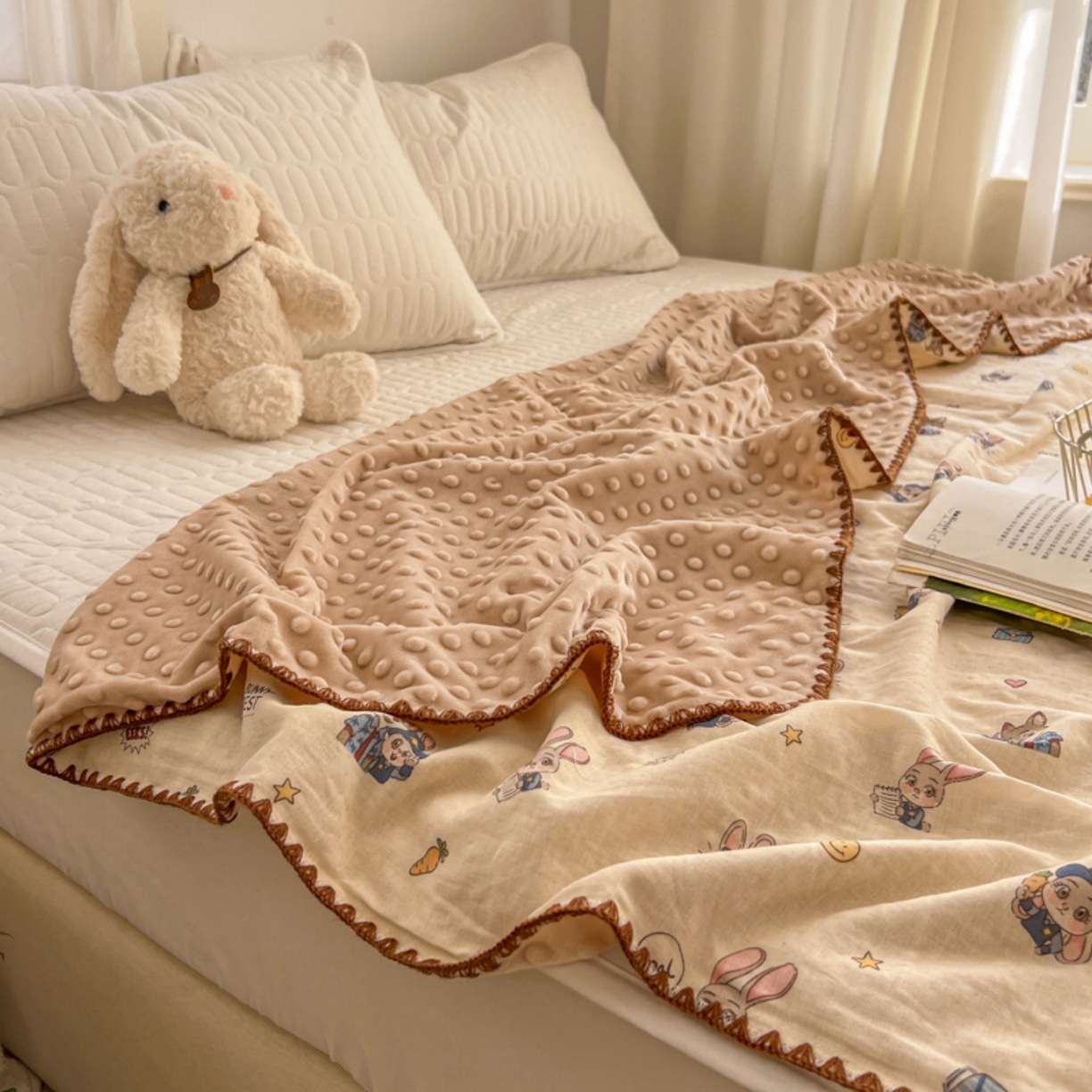91家纺网 家纺一手货源 找家纺 十里居 2026春夏新款A类母婴级全棉纯棉双层纱多功能豆豆盖毯毛毯毯子 快乐动物城