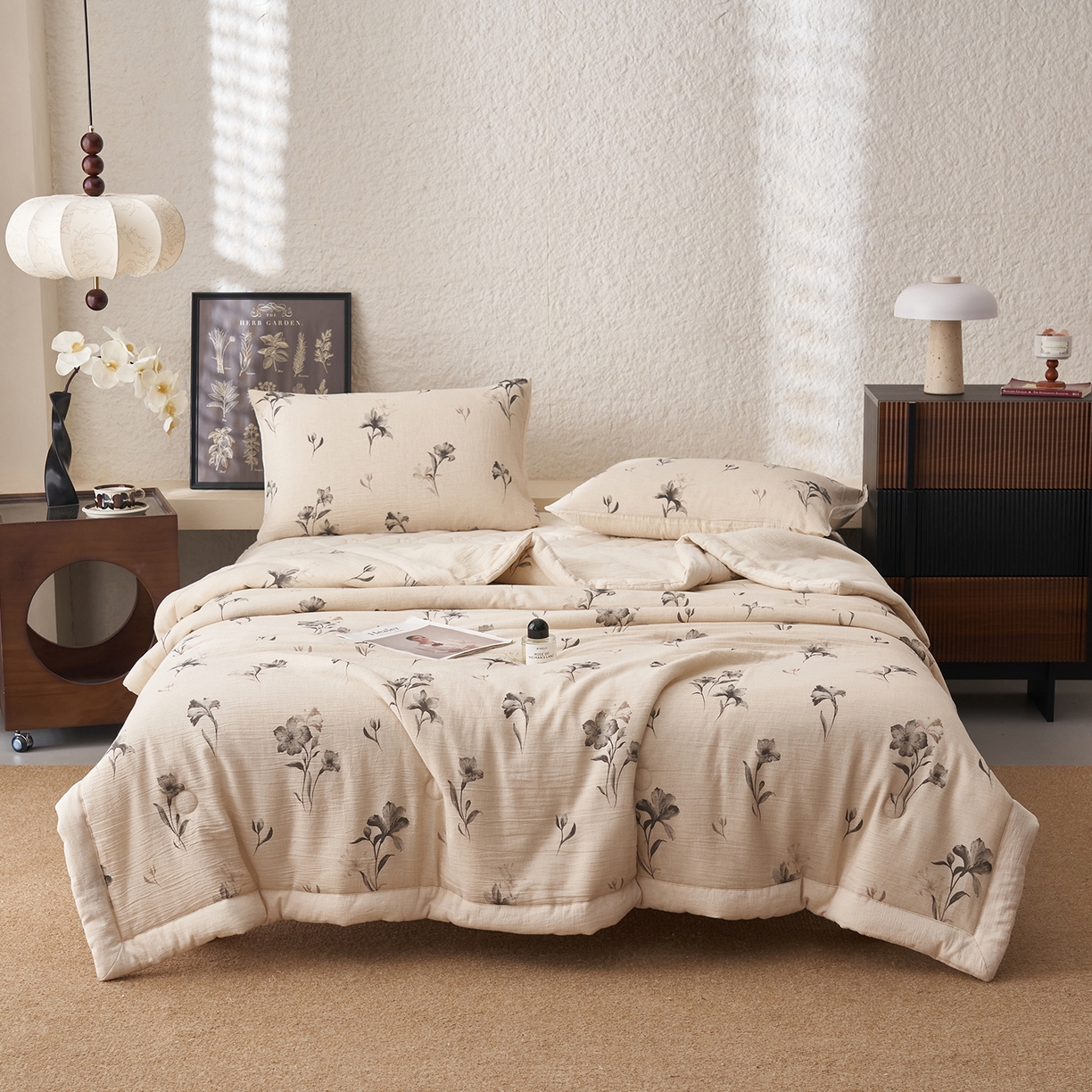 吾秀家居 2026新款棉麻系列-棉麻印花棉花夏被 兰亭花影