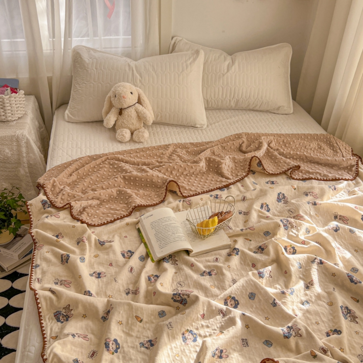 91家纺网 家纺一手货源 找家纺 十里居 2026春夏新款A类母婴级全棉纯棉双层纱多功能豆豆盖毯毛毯毯子 快乐动物城