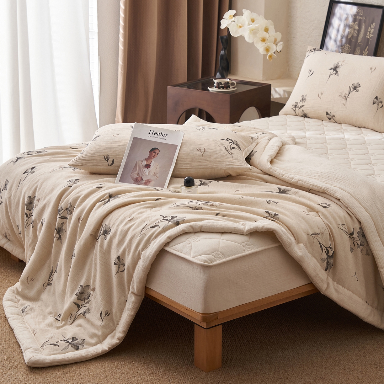 91家纺网 家纺一手货源 找家纺 吾秀家居 2026新款棉麻系列-棉麻印花棉花夏被 兰亭花影