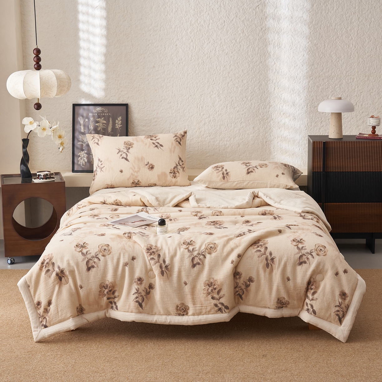 吾秀家居 2026新款棉麻系列-棉麻印花棉花夏被 玫瑰花语