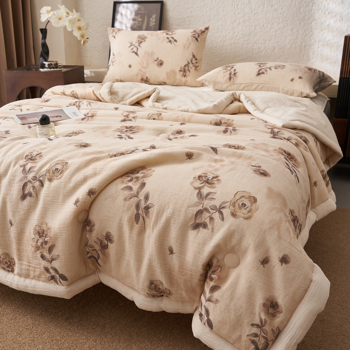 91家纺网 家纺一手货源 找家纺 吾秀家居 2026新款棉麻系列-棉麻印花棉花夏被 玫瑰花语