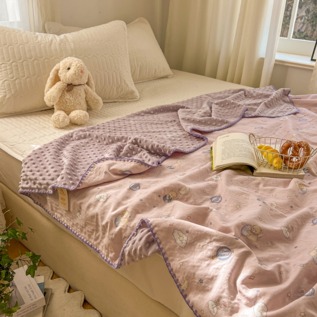 十里居 2026春夏新款A类母婴级全棉纯棉双层纱多功能豆豆盖毯毛毯毯子 气球小熊