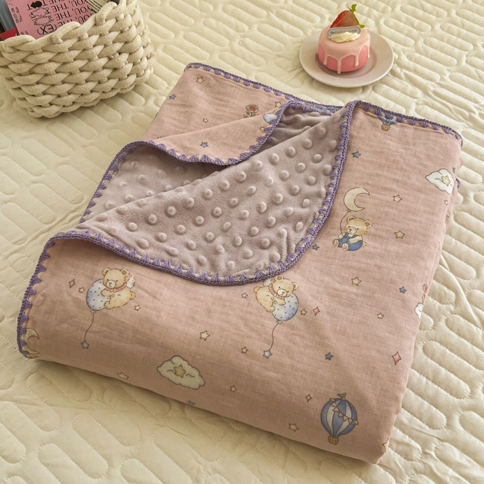 91家纺网 家纺一手货源 找家纺 十里居 2026春夏新款A类母婴级全棉纯棉双层纱多功能豆豆盖毯毛毯毯子 气球小熊