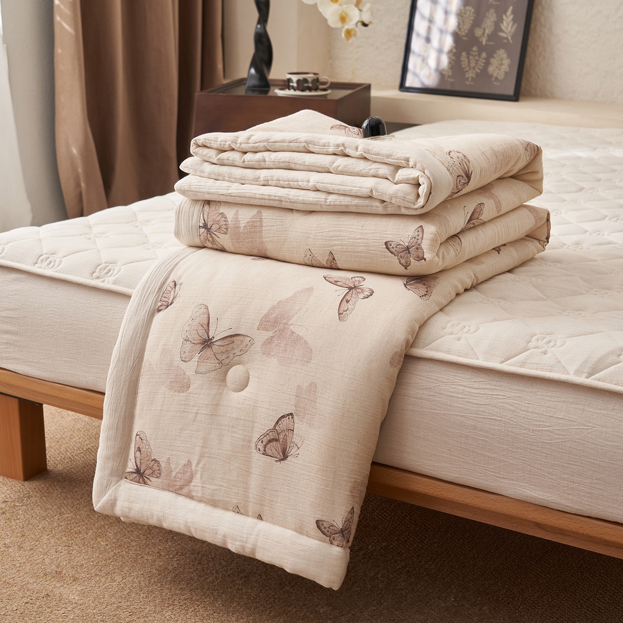 91家纺网 家纺一手货源 找家纺 吾秀家居 2026新款棉麻系列-棉麻印花棉花夏被 水墨蝴蝶