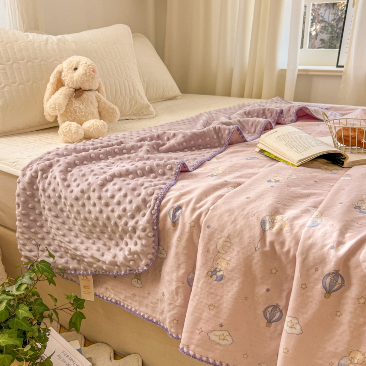 91家纺网 家纺一手货源 找家纺 十里居 2026春夏新款A类母婴级全棉纯棉双层纱多功能豆豆盖毯毛毯毯子 气球小熊