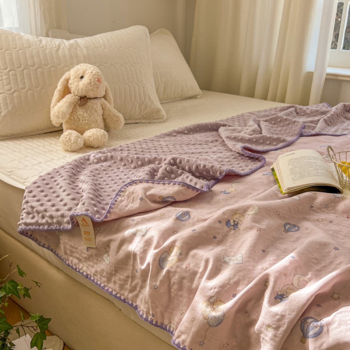 91家纺网 家纺一手货源 找家纺 十里居 2026春夏新款A类母婴级全棉纯棉双层纱多功能豆豆盖毯毛毯毯子 气球小熊