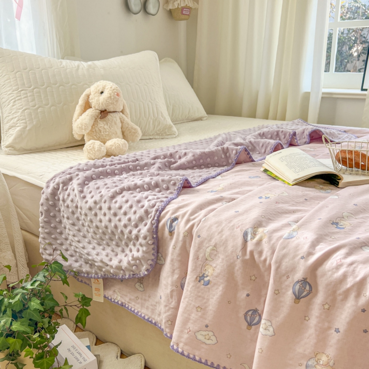 91家纺网 家纺一手货源 找家纺 十里居 2026春夏新款A类母婴级全棉纯棉双层纱多功能豆豆盖毯毛毯毯子 气球小熊