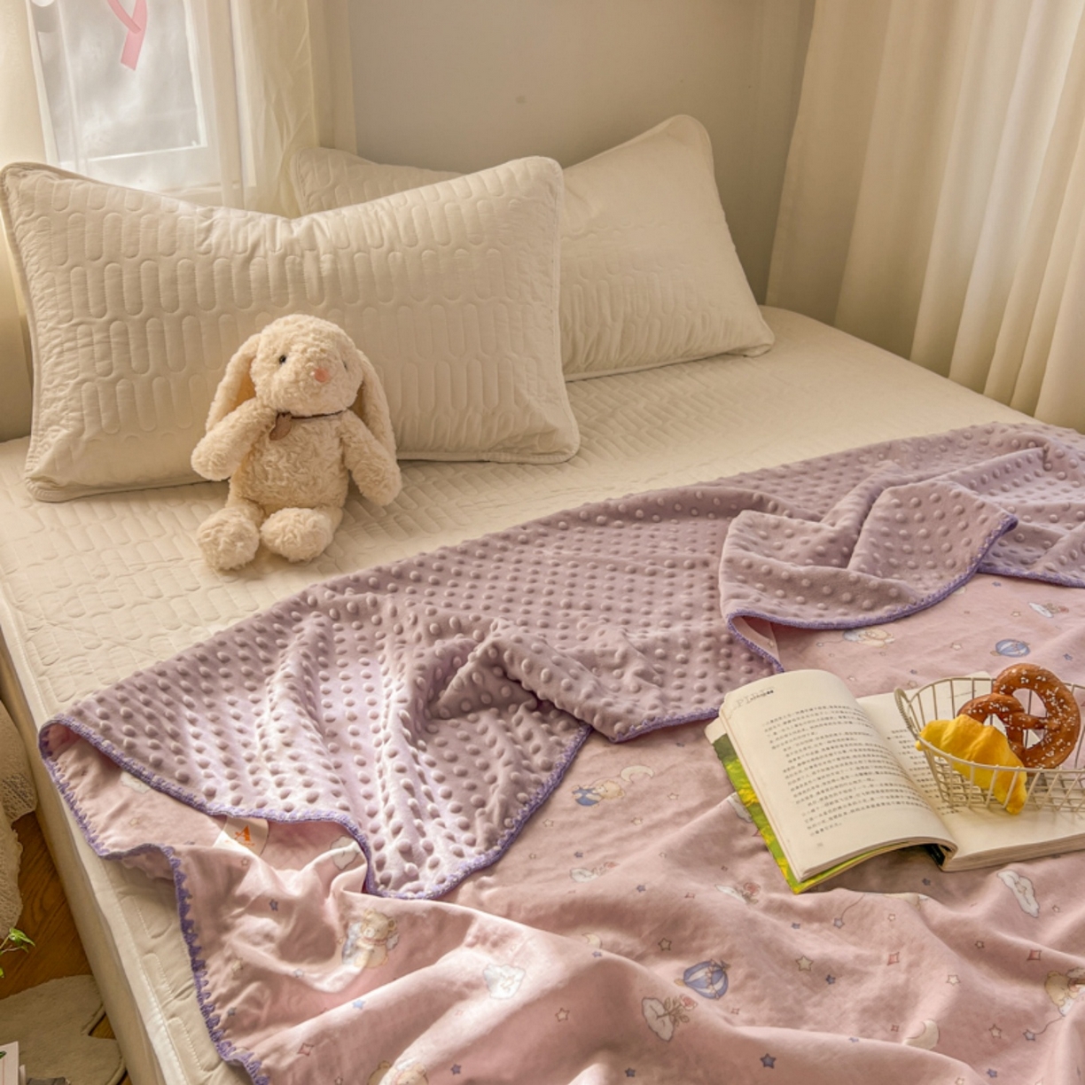 91家纺网 家纺一手货源 找家纺 十里居 2026春夏新款A类母婴级全棉纯棉双层纱多功能豆豆盖毯毛毯毯子 气球小熊