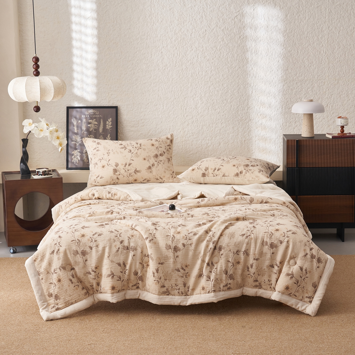 吾秀家居 2026新款棉麻系列-棉麻印花棉花夏被 叶之恋