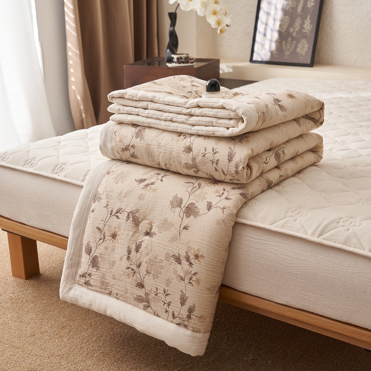 91家纺网 家纺一手货源 找家纺 吾秀家居 2026新款棉麻系列-棉麻印花棉花夏被 叶之恋