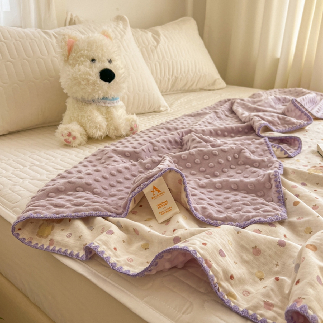 91家纺网 家纺一手货源 找家纺 十里居 2026春夏新款A类母婴级全棉纯棉双层纱多功能豆豆盖毯毛毯毯子 水果小象