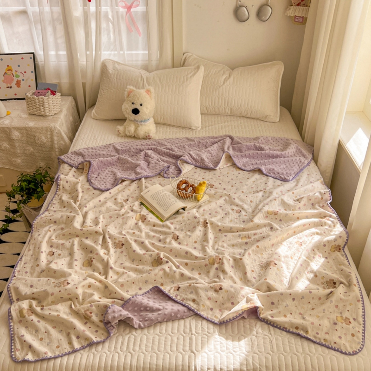 91家纺网 家纺一手货源 找家纺 十里居 2026春夏新款A类母婴级全棉纯棉双层纱多功能豆豆盖毯毛毯毯子 水果小象