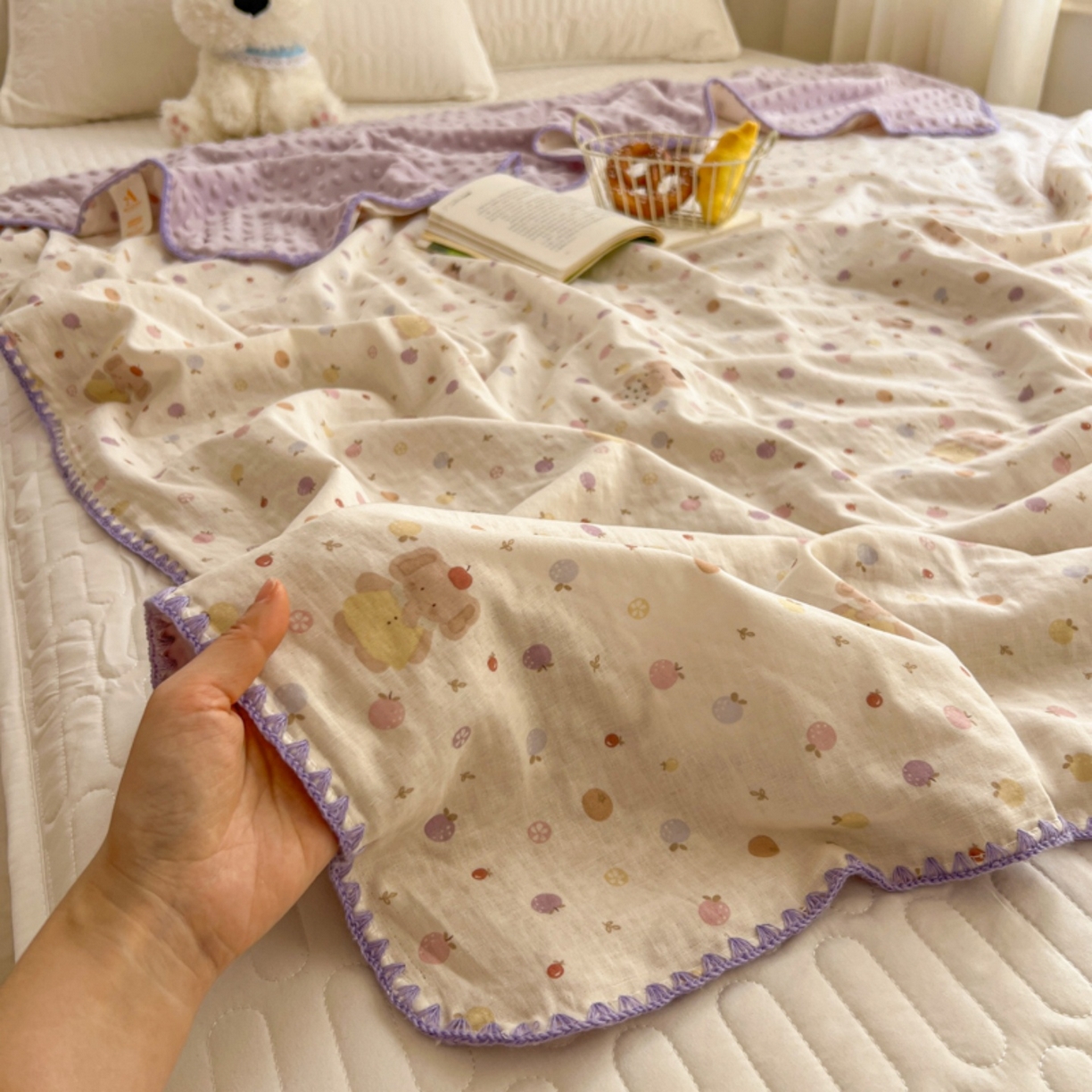 91家纺网 家纺一手货源 找家纺 十里居 2026春夏新款A类母婴级全棉纯棉双层纱多功能豆豆盖毯毛毯毯子 水果小象