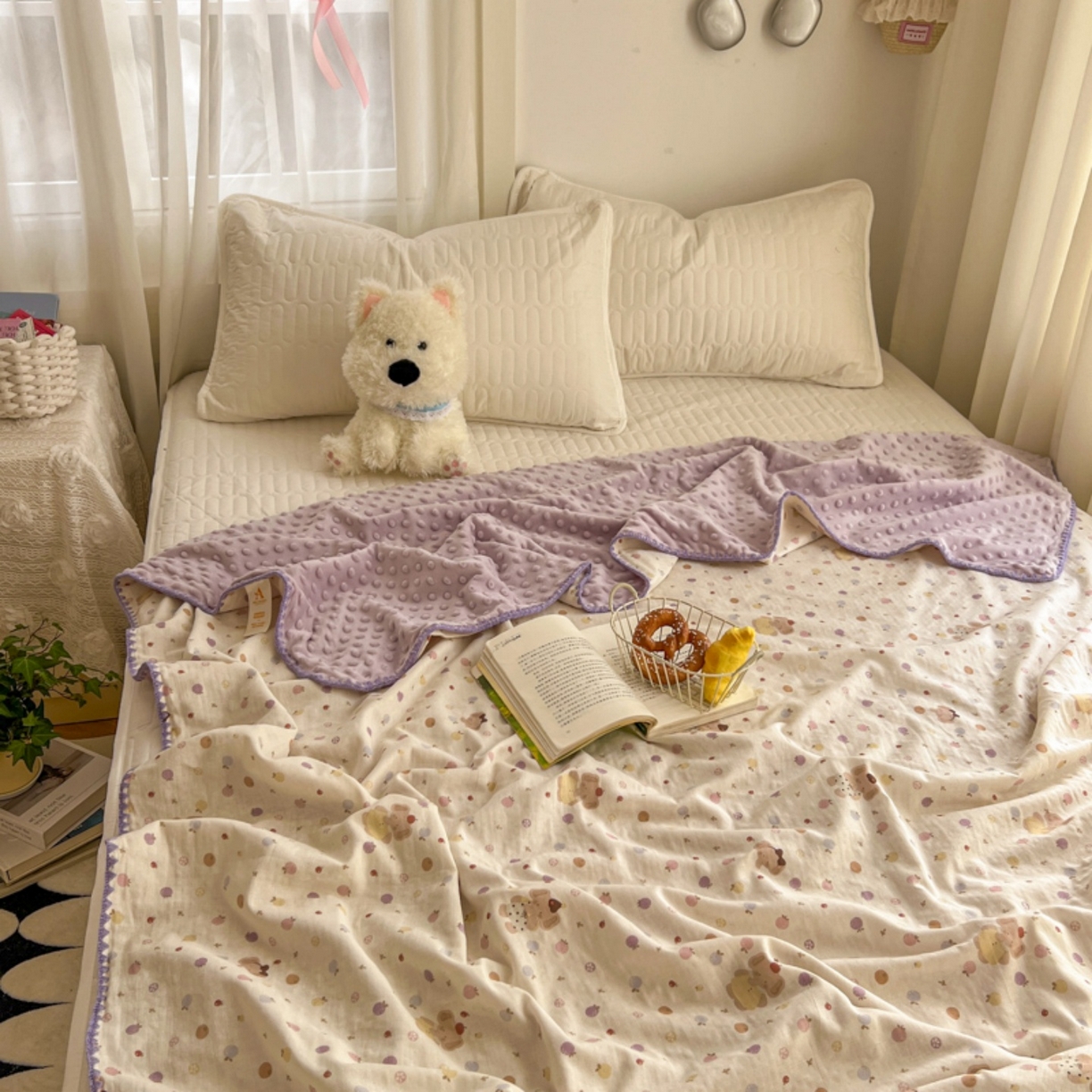 91家纺网 家纺一手货源 找家纺 十里居 2026春夏新款A类母婴级全棉纯棉双层纱多功能豆豆盖毯毛毯毯子 水果小象