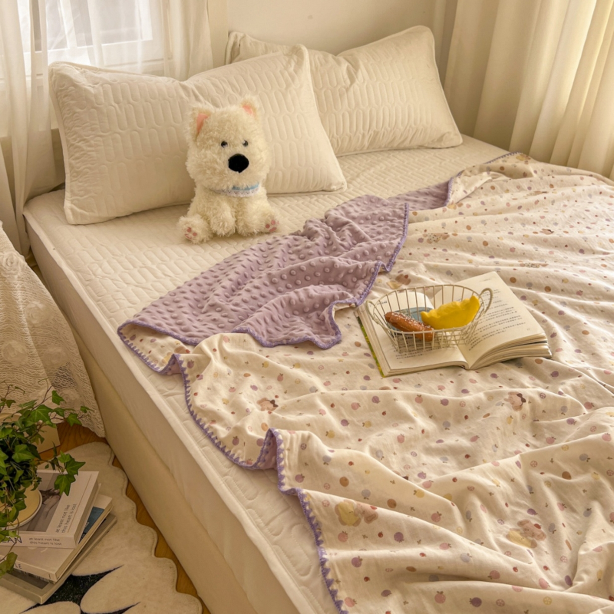 91家纺网 家纺一手货源 找家纺 十里居 2026春夏新款A类母婴级全棉纯棉双层纱多功能豆豆盖毯毛毯毯子 水果小象