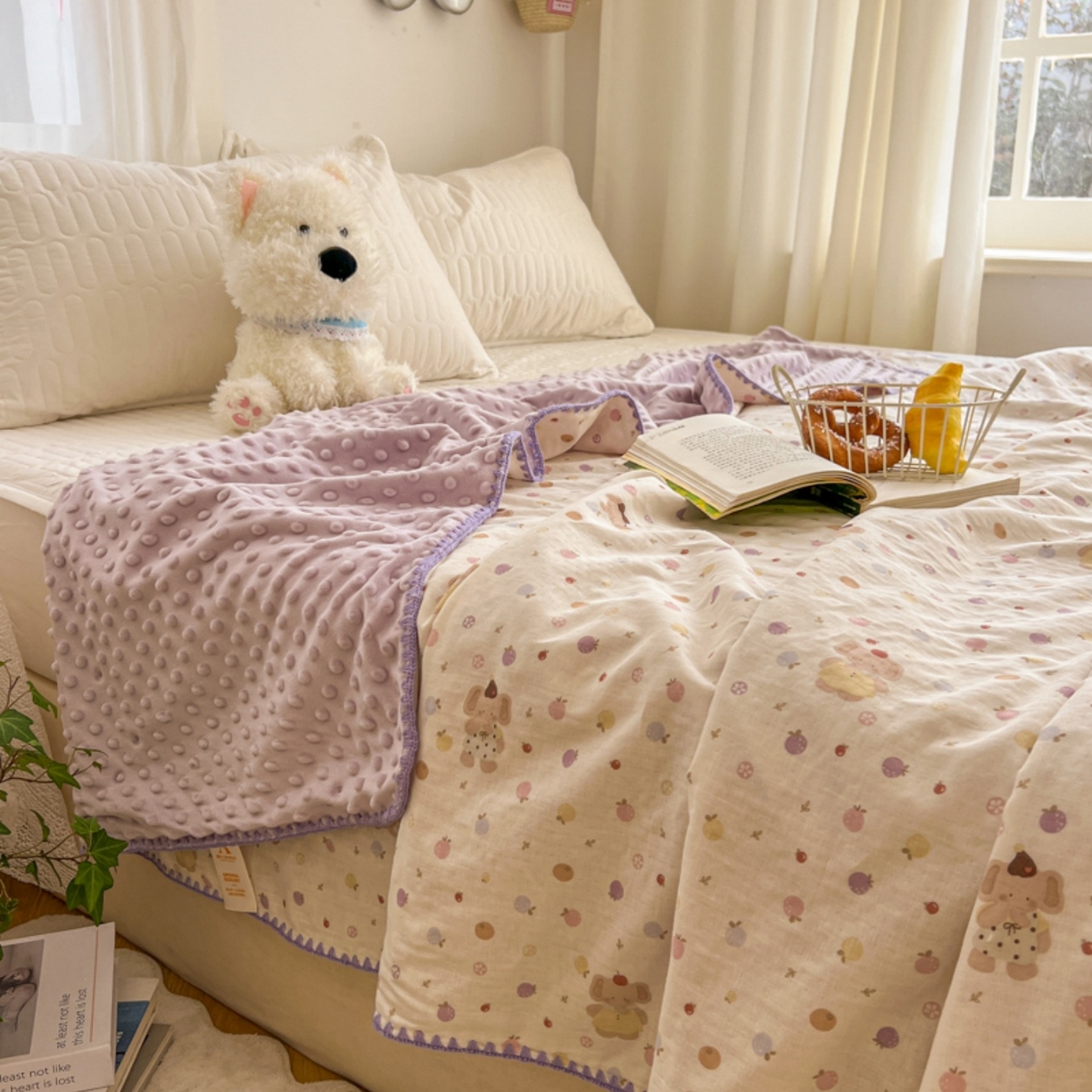 91家纺网 家纺一手货源 找家纺 十里居 2026春夏新款A类母婴级全棉纯棉双层纱多功能豆豆盖毯毛毯毯子 水果小象