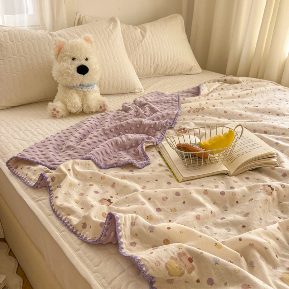 91家纺网 家纺一手货源 找家纺 十里居 2026春夏新款A类母婴级全棉纯棉双层纱多功能豆豆盖毯毛毯毯子 水果小象